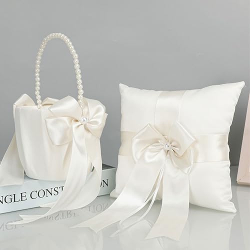 BFYDOAA Ringträgerkissen und Blumenmädchen-Korb-Set für die Hochzeit – 17,8 X 17,8 cm Weißes Satin-Ehering-Kissen mit Perlengriff, Blumenmädchen-Körbe(Satz) von BFYDOAA
