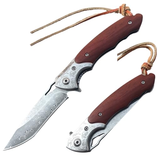 BFYLIN Damast Taschenmesser Klappmesser, VG10 Damaststahl Outdoor Taschenmesser, Damastmesser Jagdmesser mit Holzgriff, Survival Messer Campingmesser (Damast) von BFYLIN