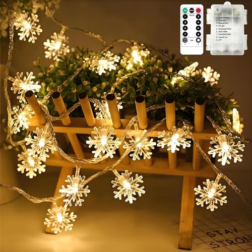 BG9D Schneeflocke Lichterkette 7,6m 50 LED,Warmweiß,Batteriebetrieben mit Fernbedienung & 8 Modi,Wasserdichte Weihnachtslichterkette für Innen & Außen,Deko für Baum,Balkon,Fenster & Party von BG9D