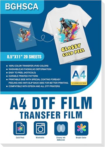 BGHSCA DTF-Transferfolie matt A4 (21 cm x 29,7 cm) 20 Blatt, klares vorbehandeltes Papier heiß/kalt abziehbar, für T-Shirt-Transferfolie PET Transferpapier von BGHSCA