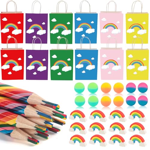 BGNXHYB 48 Stück Regenbogen Mitgebsel Set, 12 Regenbogenstift, 12 Regenbogen Papiertüten,12 Regenbogen Radiergummis, 12 Bunt Gummiball, für Jungen Mädchen Kindergeburtstag Geschenke Partyzubehör von BGNXHYB