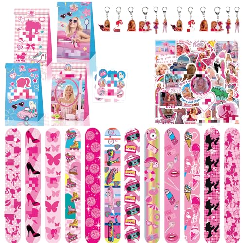 BGNXHYB 86Pcs Party Mitgebsel Set, 12 prinzessin Slap Armbänder, 12 Geschenktüten, 12 Schlüsselanhänger, 50 Aufkleber Kinder, für Geschenke Jungen Mädchen Kindergeburtstag Party Zubehör von BGNXHYB