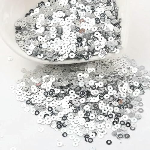 Pailletten, 3 mm, 4 mm, 5 mm, 6 mm, flach, rund, lose Pailletten, zum Nähen, Basteln, für Dekoration, Kleidungsstücke, DIY-Zubehör, silber, 5 mm, 50 g von BGPFJK