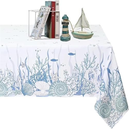 Tischdecke aus Korallenmuscheln, Meeresbodenkreatur, Fisch, Ozean, Tischdecke, Familienküchentisch, wasserdichtes Dekor für Feiertagspartys-ZBQ8591 (2)-140–200 cm von BGPFJK