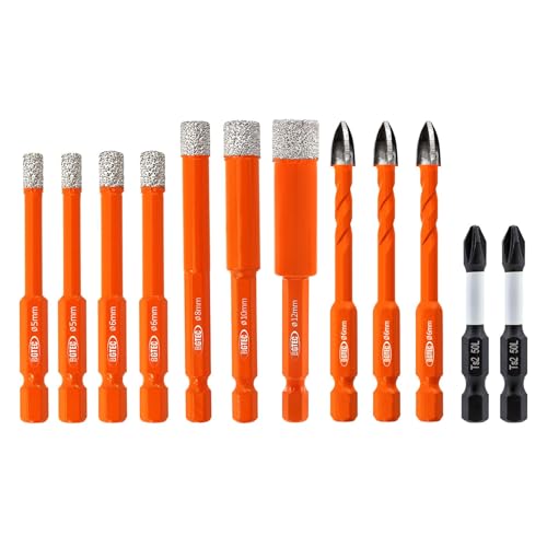 BGTEC Diamant Fliesenbohrer 12 Stück - 5MM*2+6MM*2+8MM+10MM+12MM Diamantbohrer & 6MM*3 Steinbohrer mit Schlagschrauber-Bits für Fliesen Porzellan Keramik Marmor Granit Holz Kunststoff Ziegel von BGTEC
