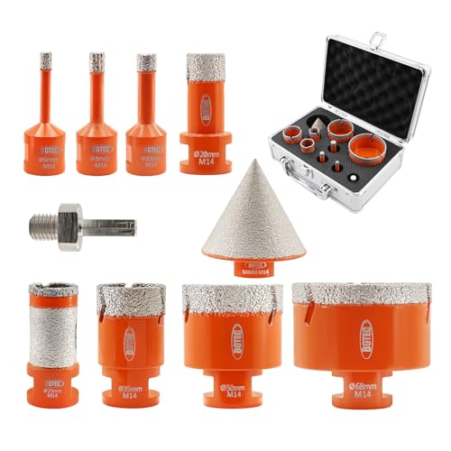 BGTEC Diamant Fliesenbohrer Set - 10 Stück (6/8/10/20/35/50/68mm+25mm Fräsbohrer +50mm Senkbohrer+Adapter) mit M14 Gewinde zum Bohren von Porzellan,Keramik,Fliesen BGTEC Diamant Fliesenbohrer Set - 10 Stück (6/8/10/20/35/50/68mm+25mm Fräsbohrer +50mm Senkbohrer+Adapter) mit M14 Gewinde zum Bohren von Porzellan,Keramik,Fliesen von BGTEC