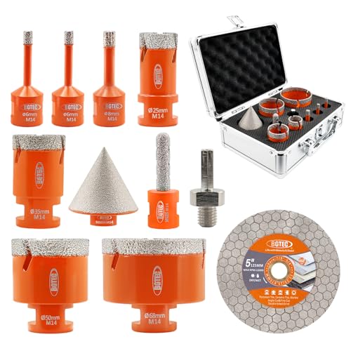 BGTEC Diamant Fliesenbohrer Set - 10 Stück (6/6/8/25/35/50/68mm+10mm Fingerbohrer + 50mm Fingerfräser) mit M14 Gewinde zum Bohren in Porzellan, Keramik, Fliesen, Granit, Marmor und Stein von BGTEC