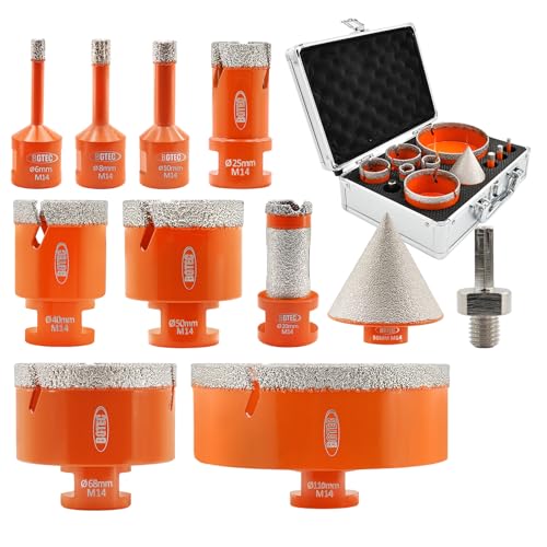 BGTEC Diamant Fliesenbohrer Set - 11 Stück (6/8/10/25/40/50/68/110MM+ 20mm Fingerbohrer + 35mm Fingerfräser) mit M14 Gewinde zum Bohren in Porzellan, Keramik, Fliesen, Granit, Marmor und Stein von BGTEC
