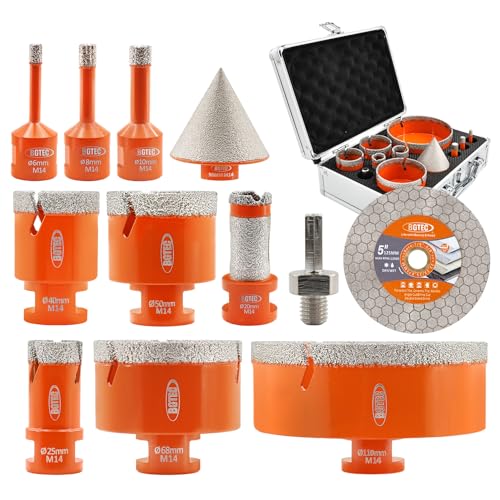 BGTEC Diamant Fliesenbohrer Set - 11 Stück (6/8/10/25/40/50/68/110MM+ 20mm Fingerbohrer + 35mm Fingerfräser) mit M14 Gewinde zum Bohren in Porzellan, Keramik, Fliesen, Granit, Marmor und Stein von BGTEC