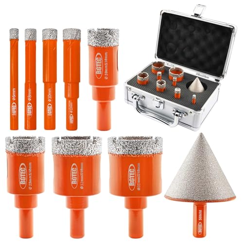 BGTEC Diamant Fliesenbohrer Set - 9Stück(6/8/10/12/20/25/32/35mm+50mm Senkbohrer)Vakuumgelötete Diamant Bohrkrone mit abgerundeter Schaft für Keramik Porzellan Fliesen Marmor Granit Kunststein Packung von BGTEC