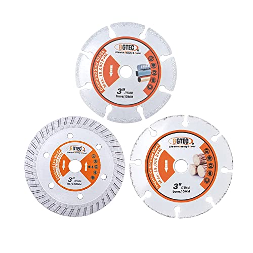 BGTEC Diamanttrennscheibe, 3 Stück 75 mm x 10 mm Dornkreissägeblatt für Holz-Metall-Beton von BGTEC