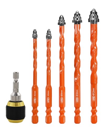 Vierschneidiger Sägezahn Exzenterbohrer BGTEC - 5 Stück 5/6/8/10/12MM Fliesenbohrer Set mit Schnellspann-Bithalterung für Holz, Kunststoff, Ziegel, Fliesen, Glas, Beton, Marmor von BGTEC