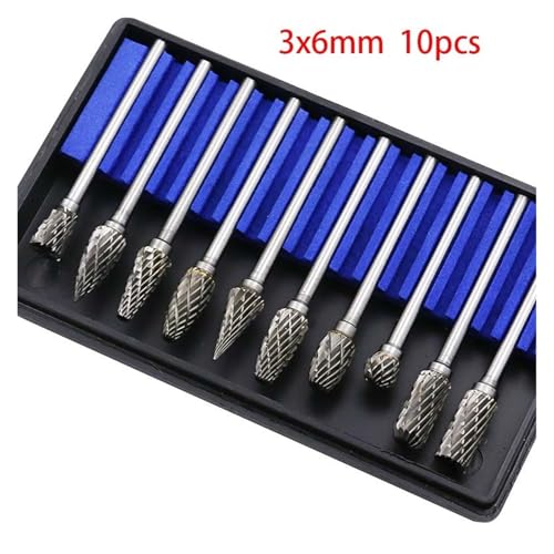 Lochsäge, 10 Pcs 20 Stücke Wolfram Hartmetall Rotary Burrs Set For Zubehör Fräser Bohrer Gravur Bits(10pcs3x6mmBlue box) von BGTSF