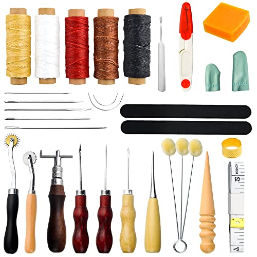 BGTXINGI 25-teiliges Handwerkzeug-Set für Lederhandwerk, Handnähen, Nähwerkzeug, handliche Nähnadel, gewachste Profilahle, Groover-Set für DIY-Leder-Näharbeiten, Zubehör von BGTXINGI