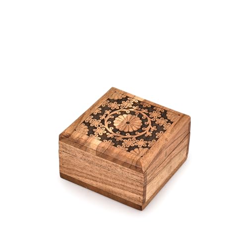 BHAVATU Schmuckschatullen aus Akazienholz, dekorative Vintage-Aufbewahrungsbox – antik für Andenken, Vatertag, Muttertag, Jubiläen (10,2 x 10,2 x 6,3 cm) von BHAVATU
