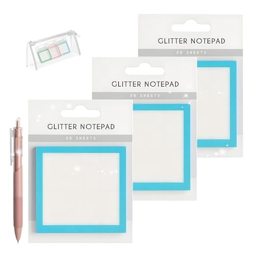 Glitter Notepad Sticky Notes, 2026 Transparente Funkle Sticky Notes, Glitter Post It Notes Stick, Spaß niedliche Selbstklebende Notiz Memo Pads, Kleine zu tun Liste, Bürobedarf(Blue-3pcs) von BHFMYK