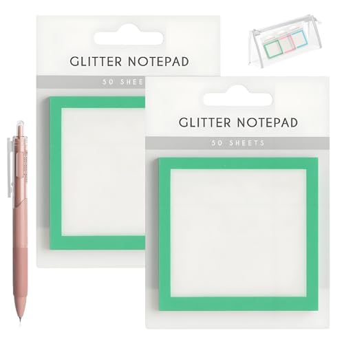Glitter Notepad Sticky Notes, 2026 Transparente Funkle Sticky Notes, Glitter Post It Notes Stick, Spaß niedliche Selbstklebende Notiz Memo Pads, Kleine zu tun Liste, Bürobedarf(Green-2pcs) von BHFMYK