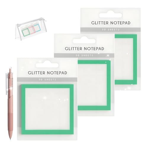 Glitter Notepad Sticky Notes, 2026 Transparente Funkle Sticky Notes, Glitter Post It Notes Stick, Spaß niedliche Selbstklebende Notiz Memo Pads, Kleine zu tun Liste, Bürobedarf(Green-3pcs) von BHFMYK