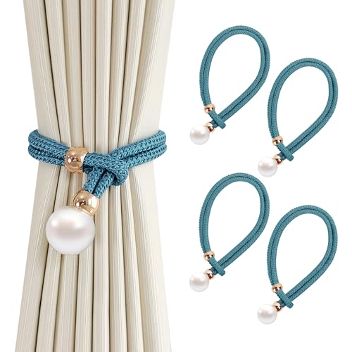 4er-Pack Vorhang Raffhalter, Grau Baumwoll Handstrick Vorhanghalter, Gardinen Raffhalter, Vorhang Clips Seil,Keine Installation, Für Home Office Fensterdekoration (Blau) von BHFOW
