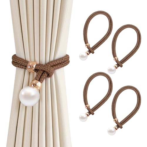 4er-Pack Vorhang Raffhalter, Grau Baumwoll Handstrick Vorhanghalter, Gardinen Raffhalter, Vorhang Clips Seil,Keine Installation, Für Home Office Fensterdekoration (Braun) von BHFOW