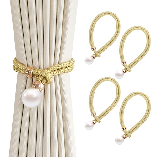 4er-Pack Vorhang Raffhalter, Grau Baumwoll Handstrick Vorhanghalter, Gardinen Raffhalter, Vorhang Clips Seil,Keine Installation, Für Home Office Fensterdekoration (Gold) von BHFOW