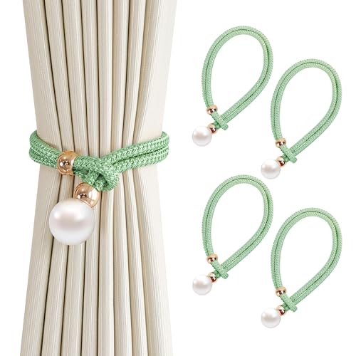 4er-Pack Vorhang Raffhalter, Grau Baumwoll Handstrick Vorhanghalter, Gardinen Raffhalter, Vorhang Clips Seil,Keine Installation, Für Home Office Fensterdekoration (Grün) von BHFOW