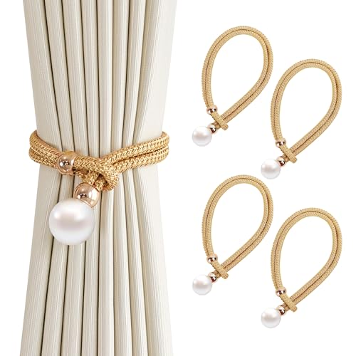 4er-Pack Vorhang Raffhalter, Grau Baumwoll Handstrick Vorhanghalter, Gardinen Raffhalter, Vorhang Clips Seil,Keine Installation, Für Home Office Fensterdekoration (Hellgold) von BHFOW