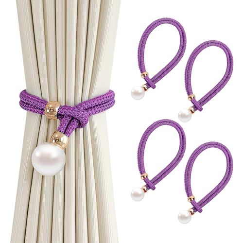 4er-Pack Vorhang Raffhalter, Grau Baumwoll Handstrick Vorhanghalter, Gardinen Raffhalter, Vorhang Clips Seil,Keine Installation, Für Home Office Fensterdekoration (Lila) von BHFOW