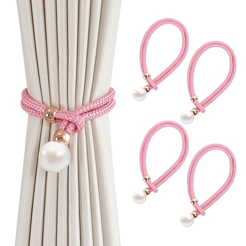 4er-Pack Vorhang Raffhalter, Grau Baumwoll Handstrick Vorhanghalter, Gardinen Raffhalter, Vorhang Clips Seil,Keine Installation, Für Home Office Fensterdekoration (Rosa) von BHFOW