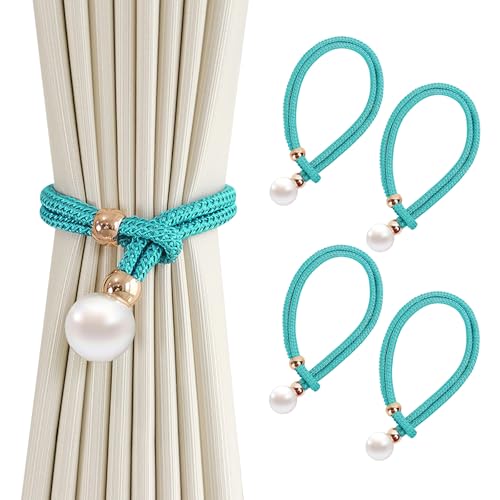 4er-Pack Vorhang Raffhalter, Grau Baumwoll Handstrick Vorhanghalter, Gardinen Raffhalter, Vorhang Clips Seil,Keine Installation, Für Home Office Fensterdekoration (See Blau) von BHFOW