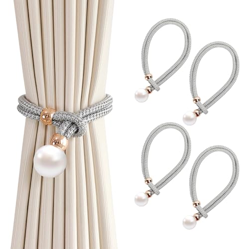 4er-Pack Vorhang Raffhalter, Grau Baumwoll Handstrick Vorhanghalter, Gardinen Raffhalter, Vorhang Clips Seil,Keine Installation, Für Home Office Fensterdekoration (Silber) von BHFOW