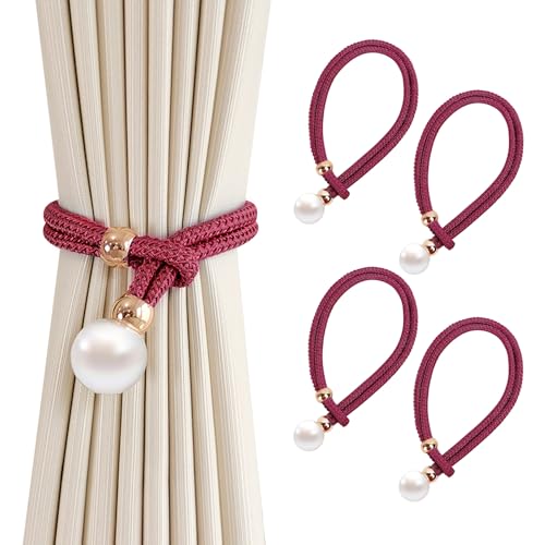 4er-Pack Vorhang Raffhalter, Grau Baumwoll Handstrick Vorhanghalter, Gardinen Raffhalter, Vorhang Clips Seil,Keine Installation, Für Home Office Fensterdekoration (Tiefrot) von BHFOW