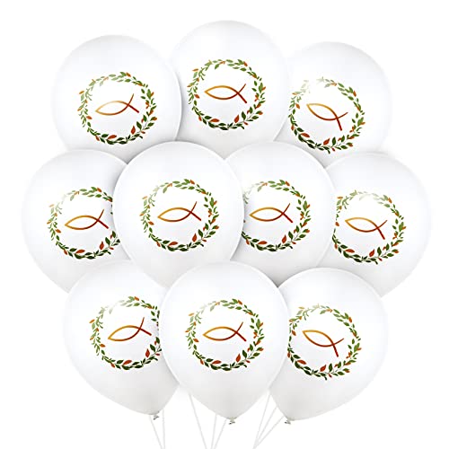 10 Stück Luftballons Taufe Kommunion Konfirmation Deko Fisch Blätterkranz Ballons Weiß Grün Erstkommunion für Junge Mädchen mit Bänder (Fisch) von BHGT