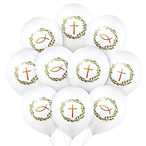 10 Stück Luftballons Taufe Kommunion Konfirmation Deko Kreuz Blätterkranz Fisch Ballons Weiß Grün Erstkommunion für Junge Mädchen mit Bänder von BHGT