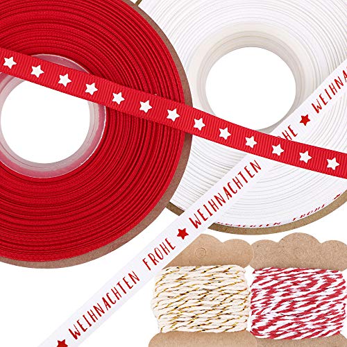 4 Style 56.4m Weihnachten Geschenkband auf Deutsch Weihnachtsbänder Schleifenband Dekoband Stoffband Frohe Weihnachten Dekoband Bänder für DIY Basteln Handwerk Baumwollschnur Rot Weiß Gold von BHGT