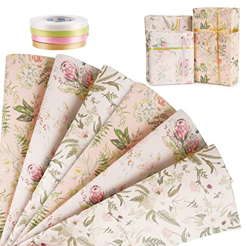 6 Blätter Geschenkpapier Blumen 50x70cm Bunt Elegant Vintage Verpackungspapier mit 4 Stück 10m Bänder Geschenkverpackung für Frauen Hochzeit Muttertag Geburtstag Taufe von BHGT