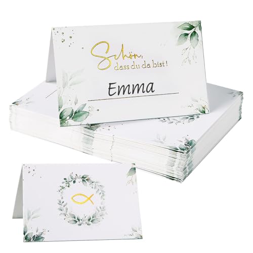 BHGT 50 Stück Tischkarten Hochzeit Taufe Kommunion Konfirmation Tischkärtchen Schön dass du da bist mit Fisch Platzkarten Namenskarten zum Beschriften Tischdeko Geburtstag von BHGT