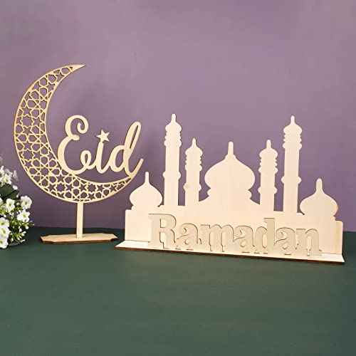 BHGT Eid Dekoration Ramadan Holz Deko 2 Stück Tischdeko Aufsteller Mond Sterne Palast Radaman Kareem Eid Mubarak Verzierung von BHGT