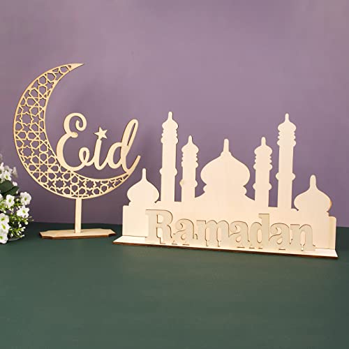 BHGT Eid Dekoration Ramadan Holz Deko 2 Stück Tischdeko Aufsteller Mond Sterne Palast Radama Eid Mubarak Verzierung Dekoration von BHGT