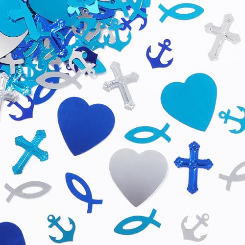 BHGT Kommunion Konfetti Taufe Konfetti Kommunion Streudeko Blau Anker Kreuz Herz Fisch Tischdeko Taufe Streudeko Glitzernd zum Basteln DIY Handwerk Taufe Deko (blau) von BHGT