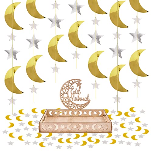 BHGT Eid Mubarak Dekoration Holz Tablett Tischdeko Teller 2 x 2m Girlande Glitzer Sterne Mond 100Pcs Streudeko Konfetti Ornamente Deko für Eid Ramadan Islamische Feiern von BHGT