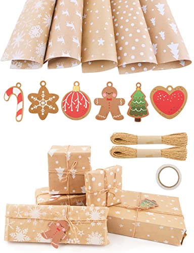 Geschenkpapier Weihnachten Set-5pcs 44x100cm Weihnachtsgeschenkpapiere, 6xGeschenkanhänger, 2xRollen Jutebänder und 1xdoppelseitiger Klebeband kraftpapier Geschenkverpackung für Weihnachten von BHGT