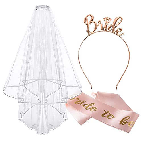 Bride to Be Schärpe und Schleier, Frauen Junggesellinnenabschied Accessoires Weiß Braut JGA Rosegold Stirnband Tiara, Hochzeit Fotorequisiten Spiele Zubehör für Bachelorette Party Bride to Be Schärpe und Schleier, Frauen Junggesellinnenabschied Accessoires Weiß Braut JGA Rosegold Stirnband Tiara, Hochzeit Fotorequisiten Spiele Zubehör für Bachelorette Party von BHGWR