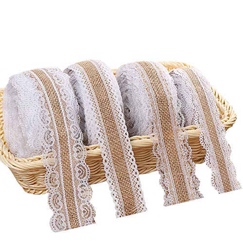 Juteband mit Spitze Weiß, Vintage Spitzenband Geschenkband Sackleinen Band Rolle mit Spitze Borten für Hochzeit Weihnachten Basteln Geschenke Deko, Jute Spitze Dekoband auf einer Rolle (4 Stück) von BHGWR