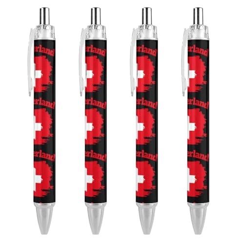 BHHJKK Kugelschreiber mit Schweiz-Flagge, gemustert, einziehbar, rund, feine Spitze, 0,5 mm, 4 Stück von BHHJKK