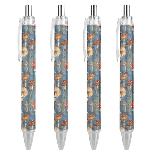 BHHJKK Pilz-Kugelschreiber, gemustert, einziehbar, schwarz, runder Schaft, feine Spitze, 0,5 mm, 4 Stück von BHHJKK