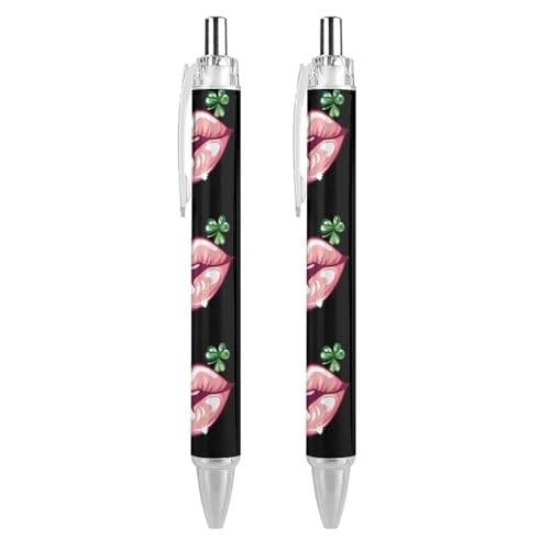 BHHJKK St. Patrick's Day Lippen, Kleeblatt, einziehbarer Kugelschreiber, tragbar, blaue Tinte, Kugelschreiber, Arbeitsstifte für Zuhause, Büro, 2 Stück von BHHJKK