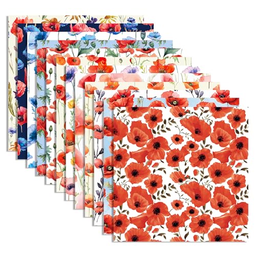 24 Blatt Poppy Floral Pattern Paper Poppy Flowers Scrapbook Paper - 30.0 cm x 30.0 cm Poppies Floral Patterned Double-Sided Decorative Craft Papers for Holiday Cardmaking DIY Origami Papers von BHNACIER