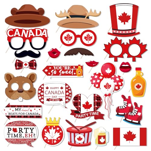 25 Stück Kanada-Fotoautomaten-Requisiten mit Stab, Kanada-Flagge, Foto-Requisiten, Kanada-Nationalfeier-Dekorationen, Kanada-Nationalfeiertag, Selfie-Requisiten für Kanada, Nationalfeiertag, Kanada, von BHNACIER
