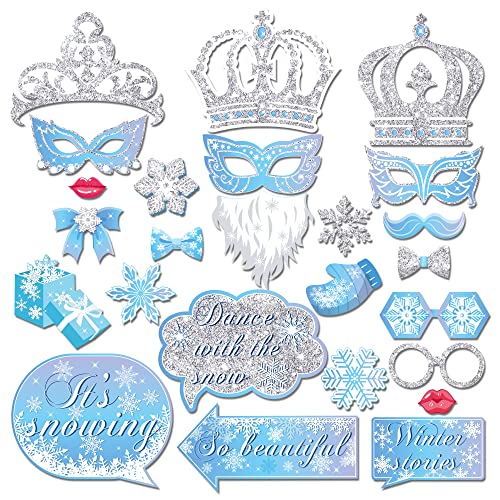 25 Stück Schneeflocken Fotokabinen-Requisiten mit Stab, Winterwunderland Fotokabinen-Requisiten, Weihnachts-Selfie-Requisiten, Schneeflocken-Urlaub und Winter-Weihnachtsfeier, Foto-Requisiten für von BHNACIER